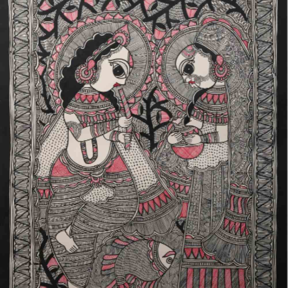 Divine Harmony: Lord Krishna and Radha Madhubani Painting